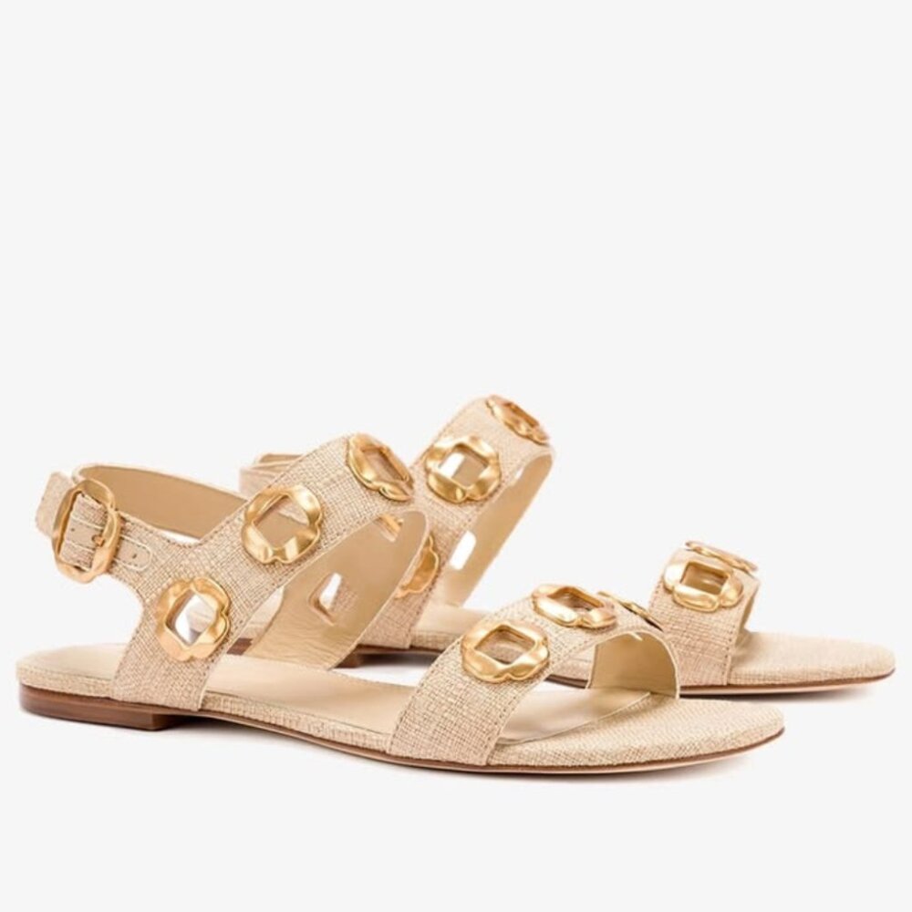 Larroude Milan Flat Sandal In Beige Raffia Size 8